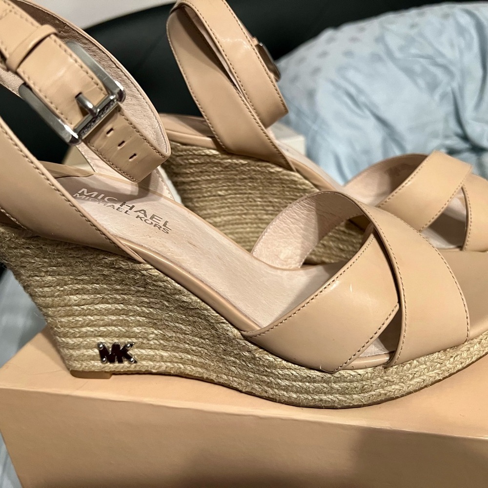 Michael Kors Beige Leather Espadrille Wedge Sandals